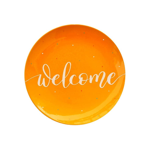 Wall Plate | Hand Lettered Welcome Sign | Mango Yellow and White | Entrance Home Decor | Best House Warming Gift | Buy Online India | Free Shipping